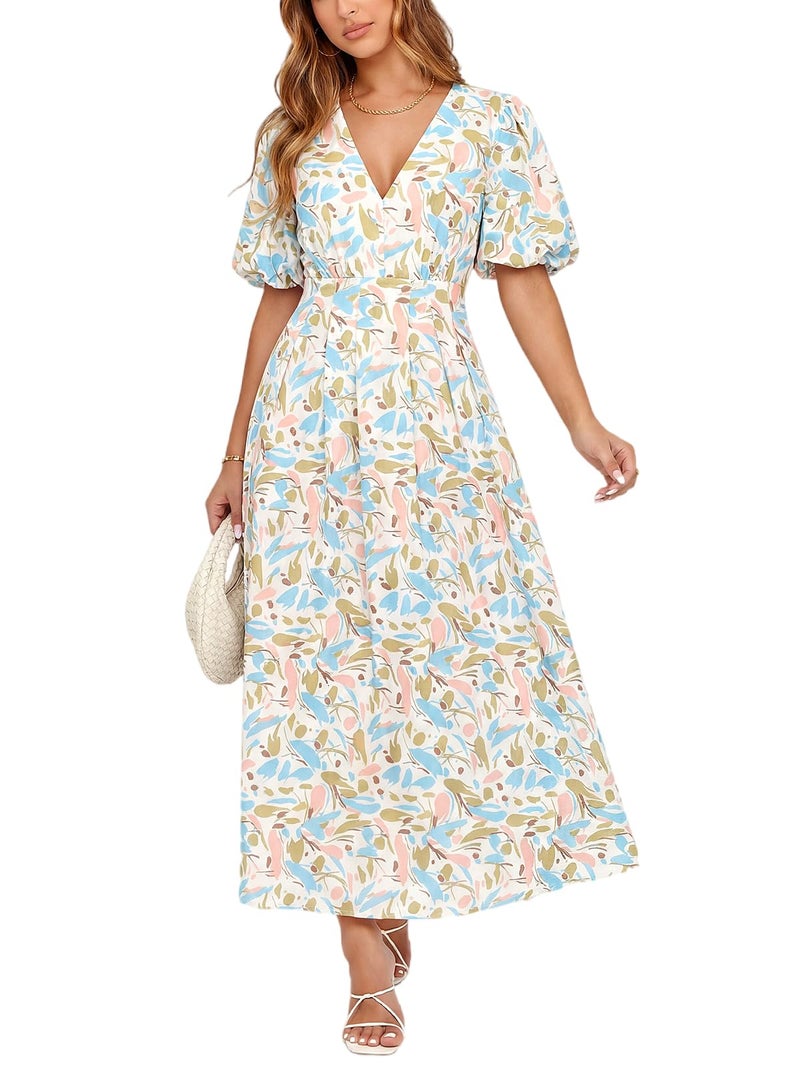 Maxigerui Women's Summer Floral Maxi Dress Spring Wedding Guest Dress 2026 Blue Multi Floral Print S - Image 1