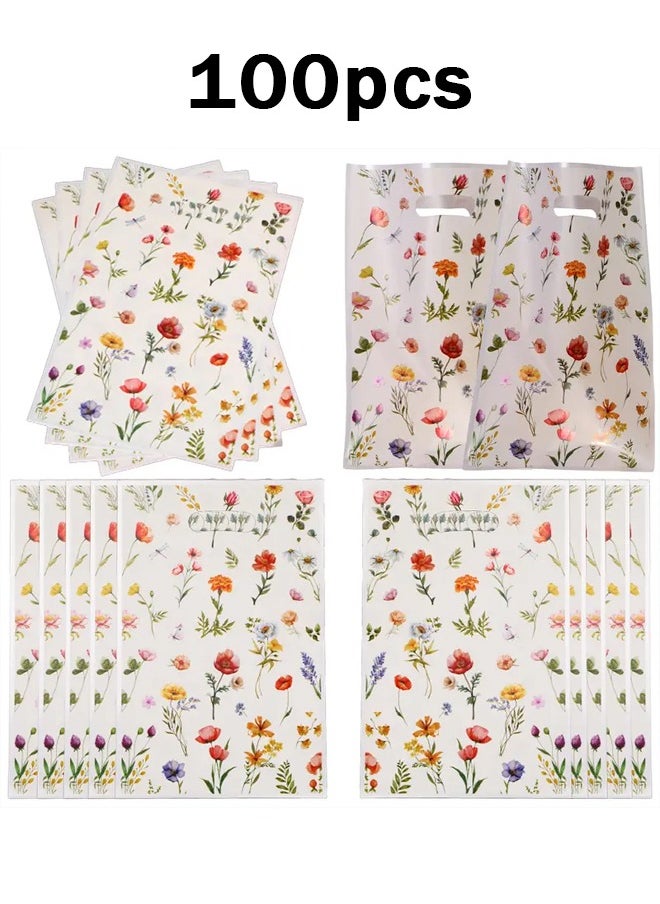Zeemey 100pcs Spring Gift Wrapping Bags, Flower Plastic Bags, Vanilla Flower Party Gift Bags, Printed with Plant Grass Flowers, Suitable for Candy, School Gifts, Valentine'S Day Gifts, Small Business  - Image 1