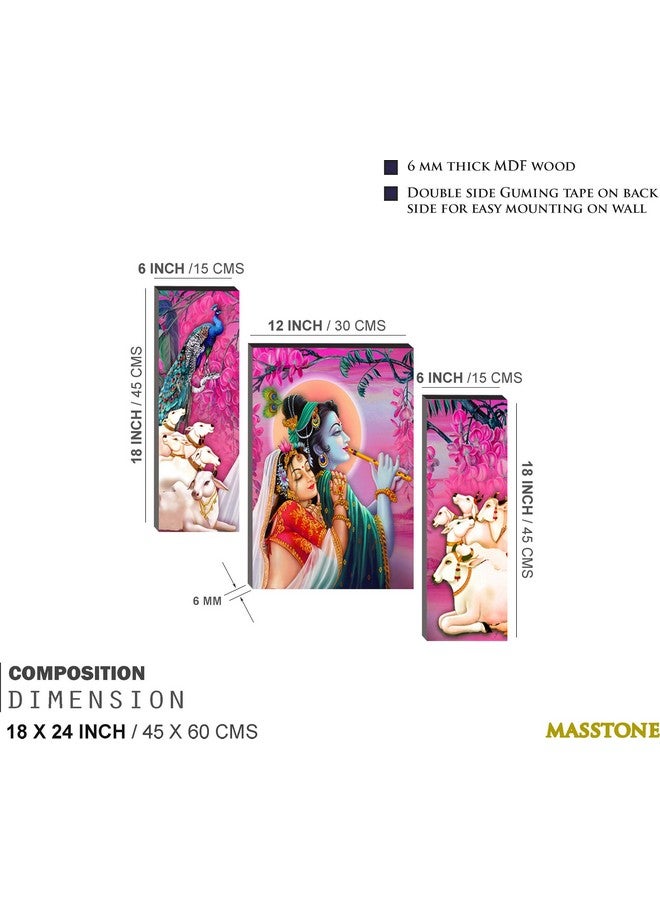 Masstone Radha Krishna with Peacock Pink Background Religious HD 3 Piece MDF 6mm Panel Painting (24x18 inch) - Image 2