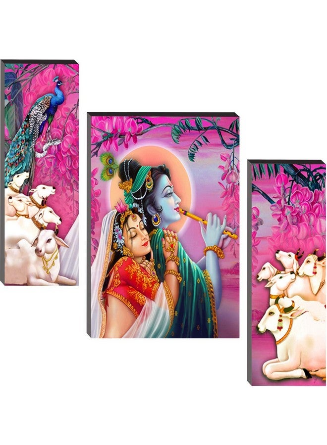 Masstone Radha Krishna with Peacock Pink Background Religious HD 3 Piece MDF 6mm Panel Painting (24x18 inch) - Image 1