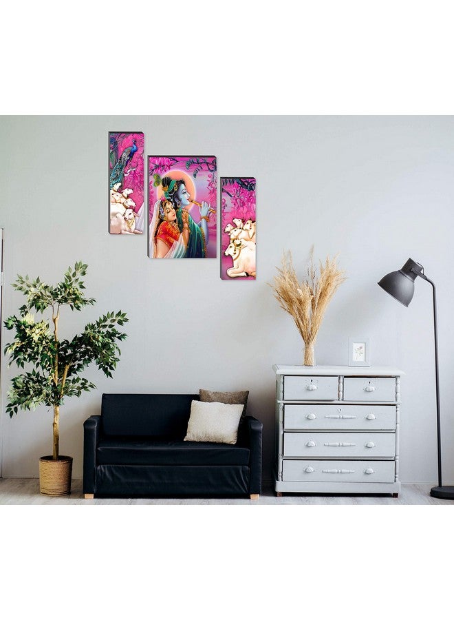 Masstone Radha Krishna with Peacock Pink Background Religious HD 3 Piece MDF 6mm Panel Painting (24x18 inch) - Image 3