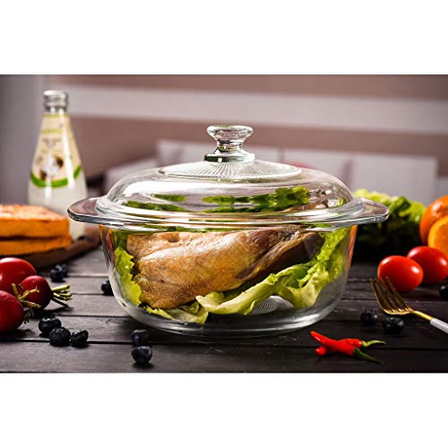 ARUZEN -1 Liter - Glass Casserole Deep Round - Oven and Microwave Safe Serving Bowl with Glass Lid 1000 ML - Image 1