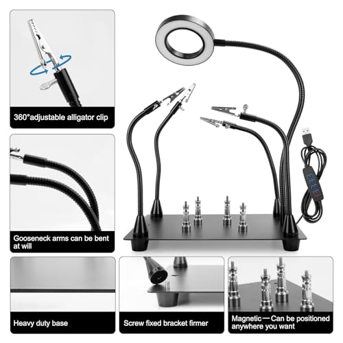 OBDMONSTER Magnetic Helping Hands Soldering Station with 4 Flexible Helping Hands 5X Magnifying Glass and Adjustable Light with 4 Magnetic PCB Holder on Large NonSlip Base for Electronic Repair - Image 3