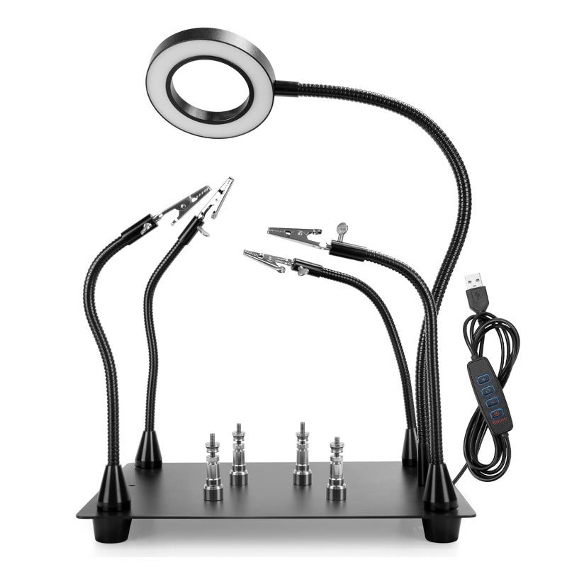 OBDMONSTER Magnetic Helping Hands Soldering Station with 4 Flexible Helping Hands 5X Magnifying Glass and Adjustable Light with 4 Magnetic PCB Holder on Large NonSlip Base for Electronic Repair - Image 2
