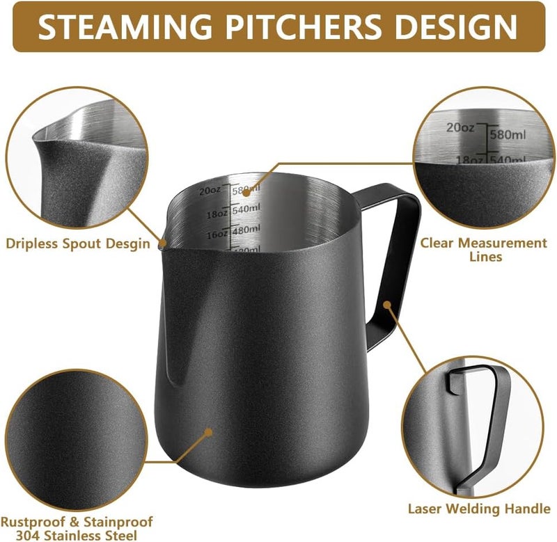 NewGF Frothing Milk Pitcher, 20 oz/600 ml Stainless Steel Frothing Milk Jug with Latte Art Pen,with Internal Measurements, for Cappuccino, Espresso and More-Black Multi-use qualified quality - Image 4