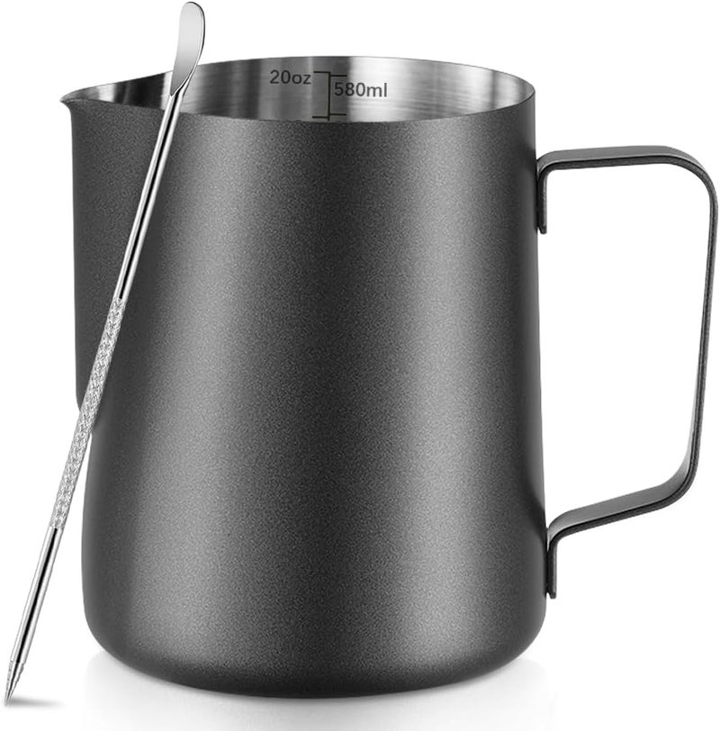 NewGF Frothing Milk Pitcher, 20 oz/600 ml Stainless Steel Frothing Milk Jug with Latte Art Pen,with Internal Measurements, for Cappuccino, Espresso and More-Black Multi-use qualified quality - Image 1