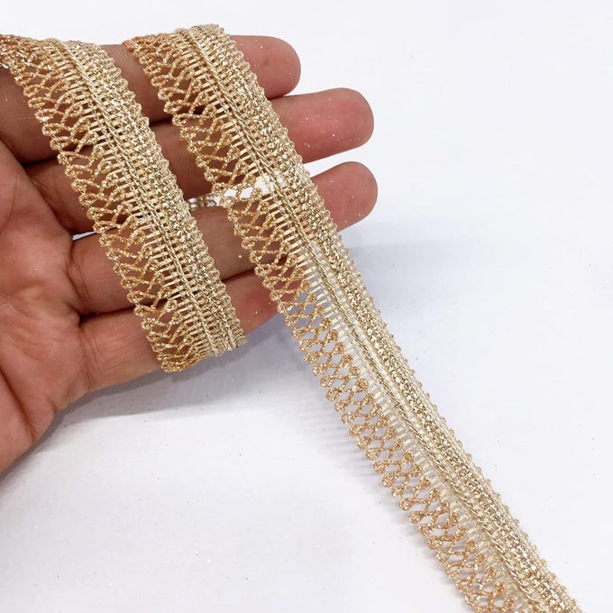 9 METER SHIMMERING LIGHT GOLDEN WOVEN TAPE, CROCHET CROATIA TRIM LACE TAPE, DECORATIVE FESTIVAL PACKAGING RIBBON, INDIAN LACE REEL TRIMMINGS, HOME DECORATION TRIM, DIY SEWING MATERIAL