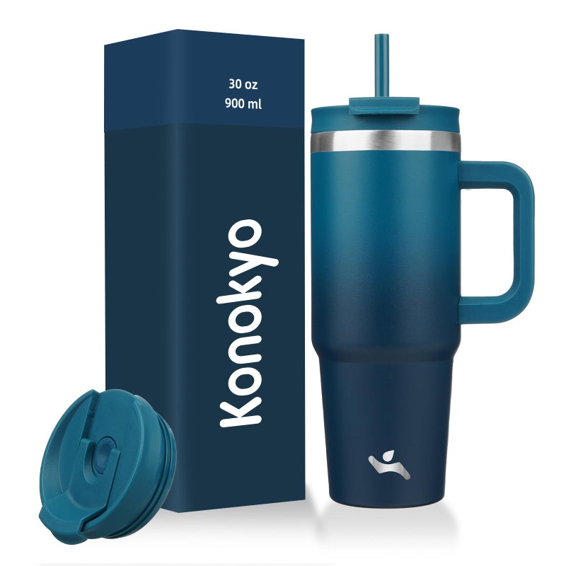 Konokyo 30 oz Tumbler with Handle and 2 Straws2 in 1 Lid Insulated Water Bottle Stainless Steel Travel Coffee MugIndigo Black