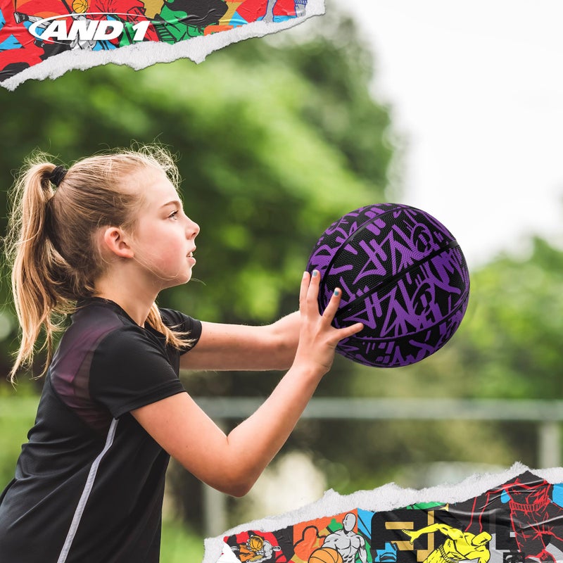 AND1 Fantom Graffiti 28.5 Rubber Basketball - Intermediate Streetball for Indoor/Outdoor Play, Size 6 Includes Pump - Image 4
