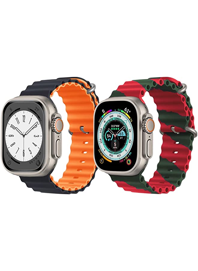 IAF Silicone Ocean Band Strap for Apple Watch Ultra 8 49mm Black/Orange2 Double Side Strap with Red/Green Double Line Strap Set of 2