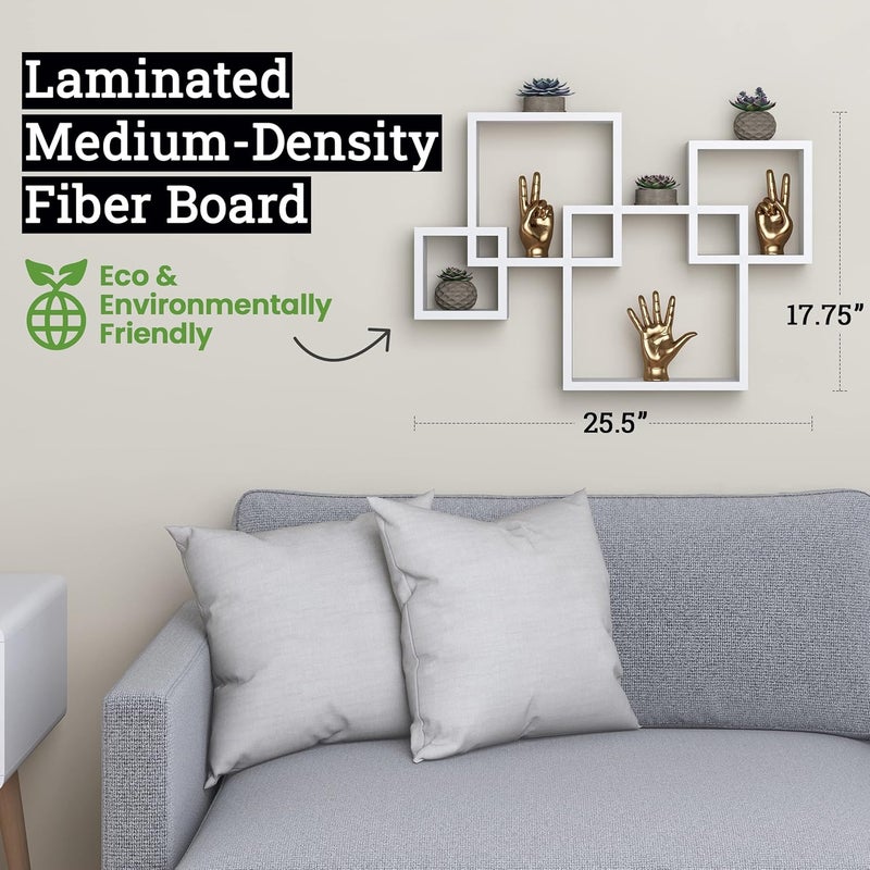 Greenco 4 Cube Intersecting Shelves EasytoAssemble Floating Wall Mount Shelves for Bedrooms and Living Rooms Rustic White Finish - Image 3