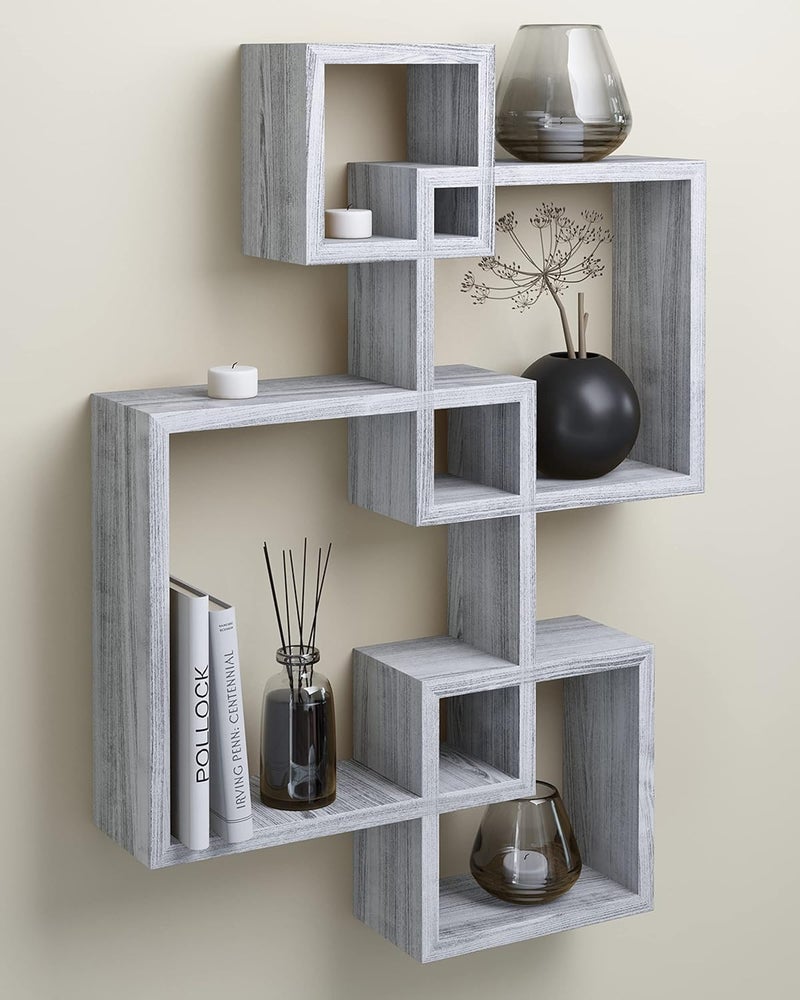 Greenco 4 Cube Intersecting Shelves EasytoAssemble Floating Wall Mount Shelves for Bedrooms and Living Rooms Rustic White Finish - Image 2