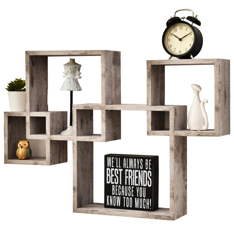 Greenco 4 Cube Intersecting Shelves EasytoAssemble Floating Wall Mount Shelves for Bedrooms and Living Rooms Rustic White Finish - Image 1