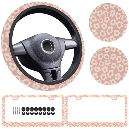 Naxizo 5 Pack Flowers Vintage Groovy Steering Wheel Cover Universal 15 Inch Vintage Groovy Flowers License Plate Frames 2 Holes with Screw Caps Car Cup Coasters 275 Car Accessories for Women 02 - Image 1