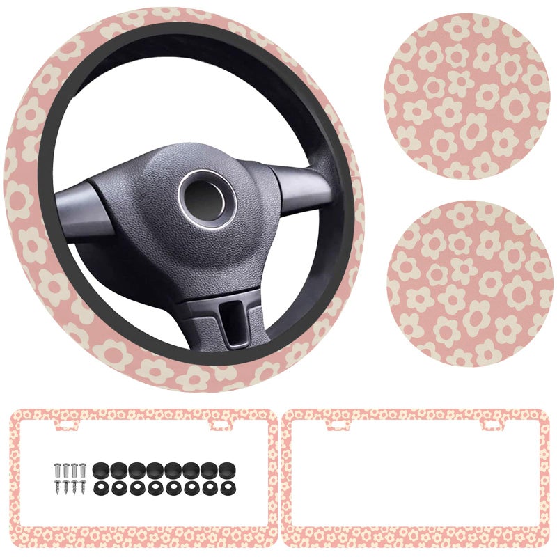 Naxizo 5 Pack Flowers Vintage Groovy Steering Wheel Cover Universal 15 Inch Vintage Groovy Flowers License Plate Frames 2 Holes with Screw Caps Car Cup Coasters 275 Car Accessories for Women 02 - Image 3