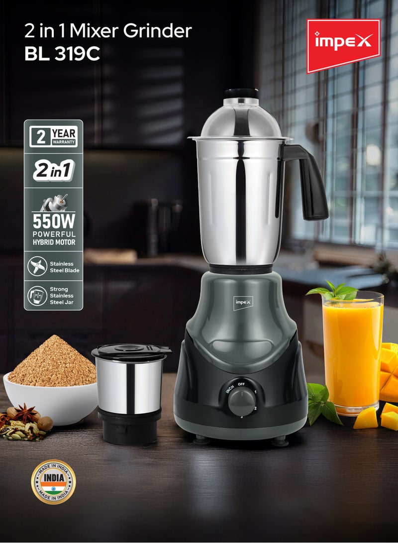 Impex Blender 2-in-1 Mixer Grinder | Powerful Hybrid Motor | Stainless Steel Jars (1.4L & 0.4L) | 3 Speed with Pulse Control | Overload Protection | Unbreakable Coupler | Heat Resistant ABS Jar Base| User Friendly Jar Handle 550 W BL 319C Black - Image 2