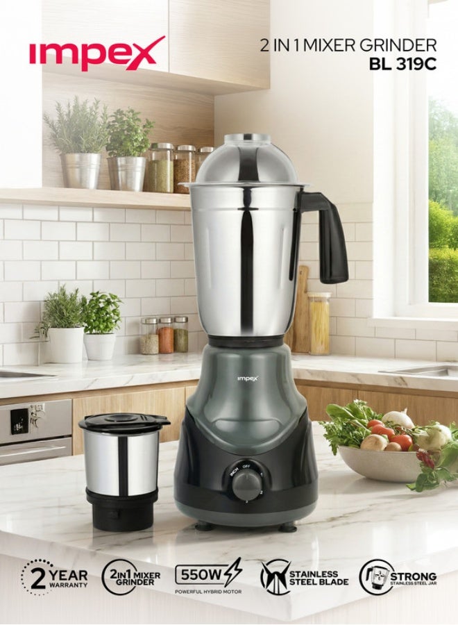 Impex Blender 2-in-1 Mixer Grinder 550 W, Powerful Hybrid Motor, Stainless Steel Jars (1.4L & 0.4L), 3 Speed with Pulse Control, Overload Protection, Unbreakable Coupler, Heat Resistant ABS Jar Base, User Friendly Jar Handle BL 319C Black 550 W BL 319C Black Black - Image 1
