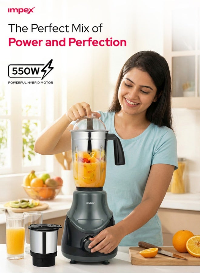 Impex Blender 2-in-1 Mixer Grinder 550 W, Powerful Hybrid Motor, Stainless Steel Jars (1.4L & 0.4L), 3 Speed with Pulse Control, Overload Protection, Unbreakable Coupler, Heat Resistant ABS Jar Base, User Friendly Jar Handle BL 319C Black 550 W BL 319C Black Black - Image 2