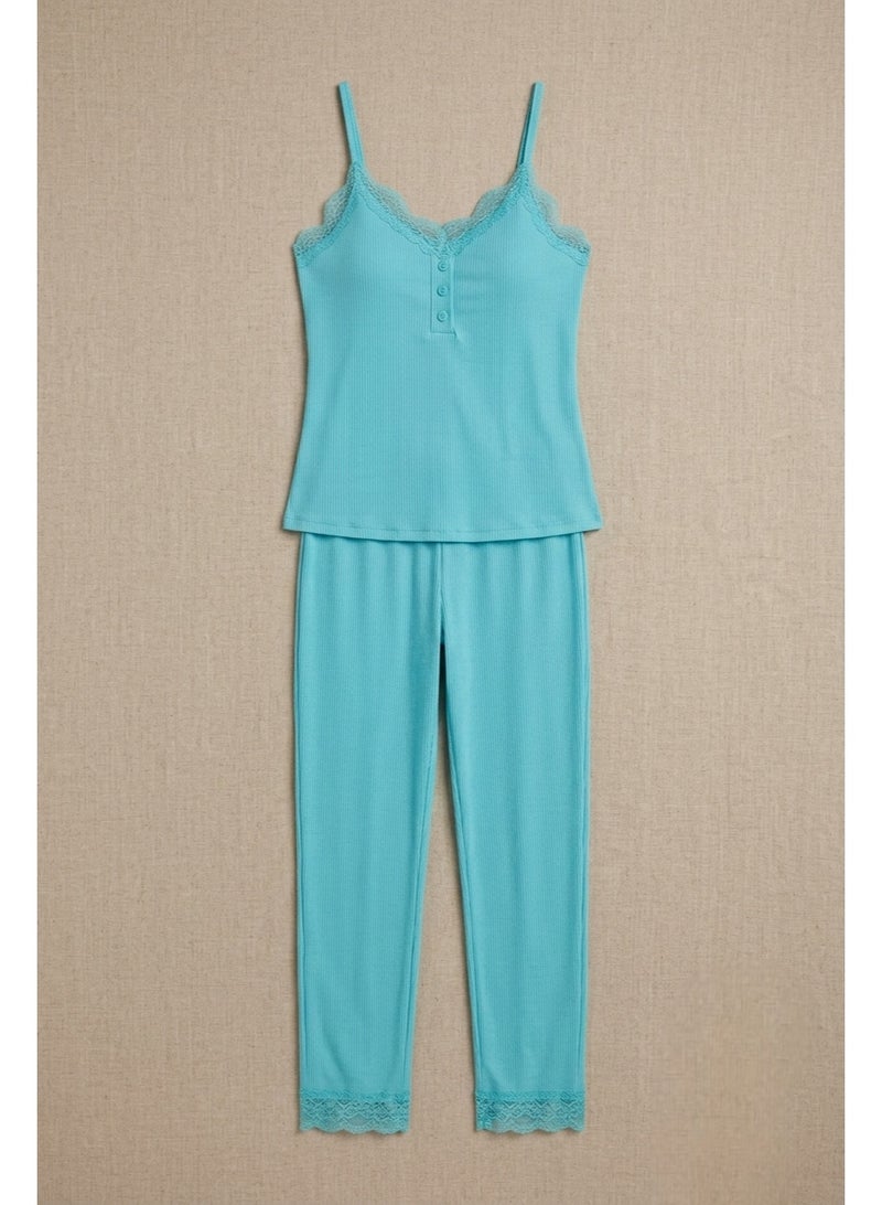 Women's Two-Piece Pajama Set with Light Blue Sleeveless Ribbed Cotton Top and Lace Pants - Image 1