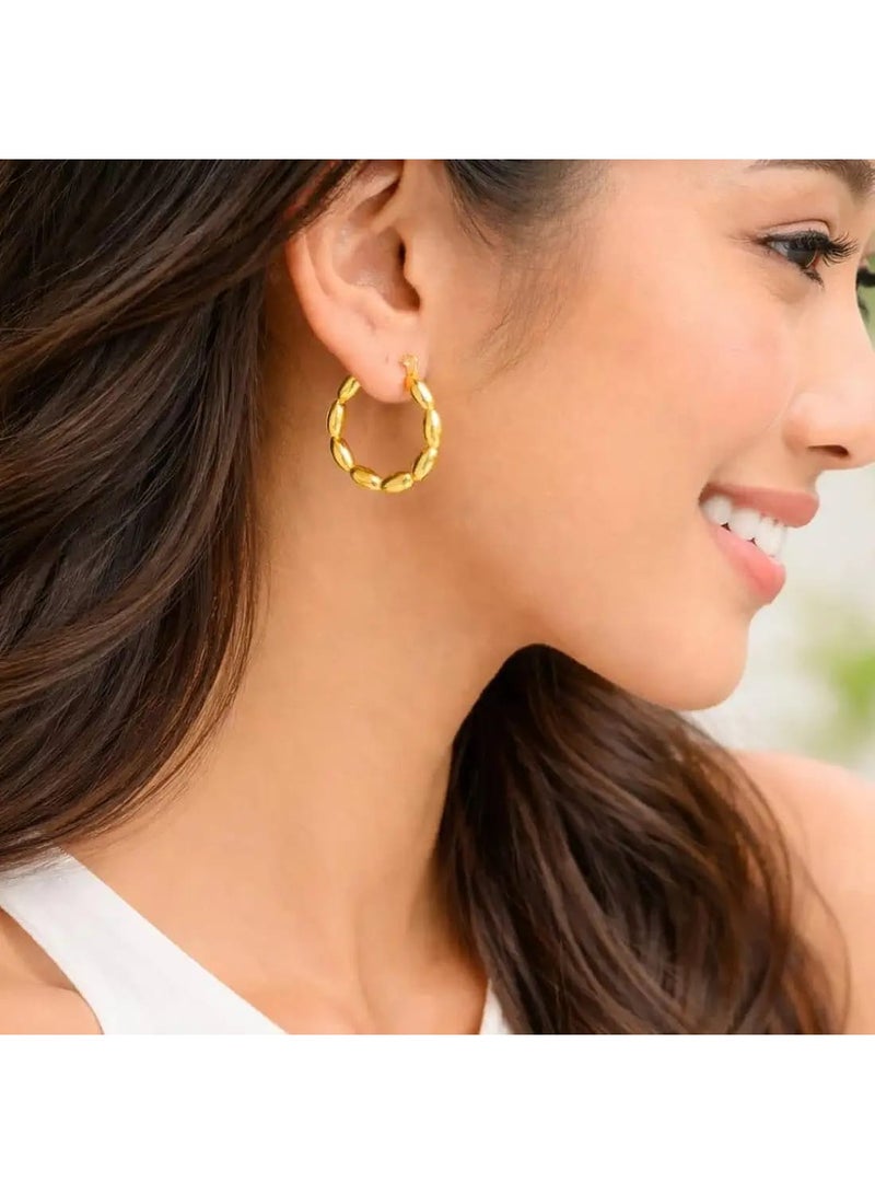 Luxuria Women's gold round earrings with an oval beaded design (Beaded Loop Hoops), which are elegant women's jewelry featuring loops made up of successive pieces resembling shiny, polished coffee beans. - Image 3