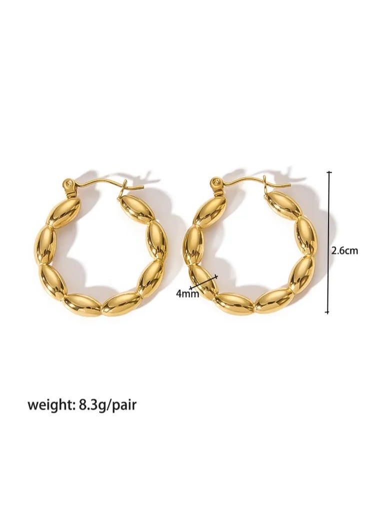 Luxuria Women's gold round earrings with an oval beaded design (Beaded Loop Hoops), which are elegant women's jewelry featuring loops made up of successive pieces resembling shiny, polished coffee beans. - Image 5