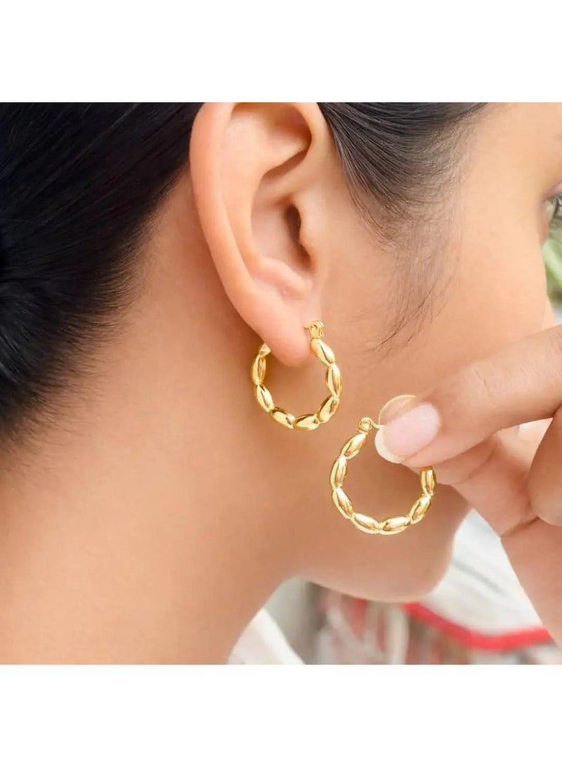 Luxuria Women's gold round earrings with an oval beaded design (Beaded Loop Hoops), which are elegant women's jewelry featuring loops made up of successive pieces resembling shiny, polished coffee beans. - Image 2
