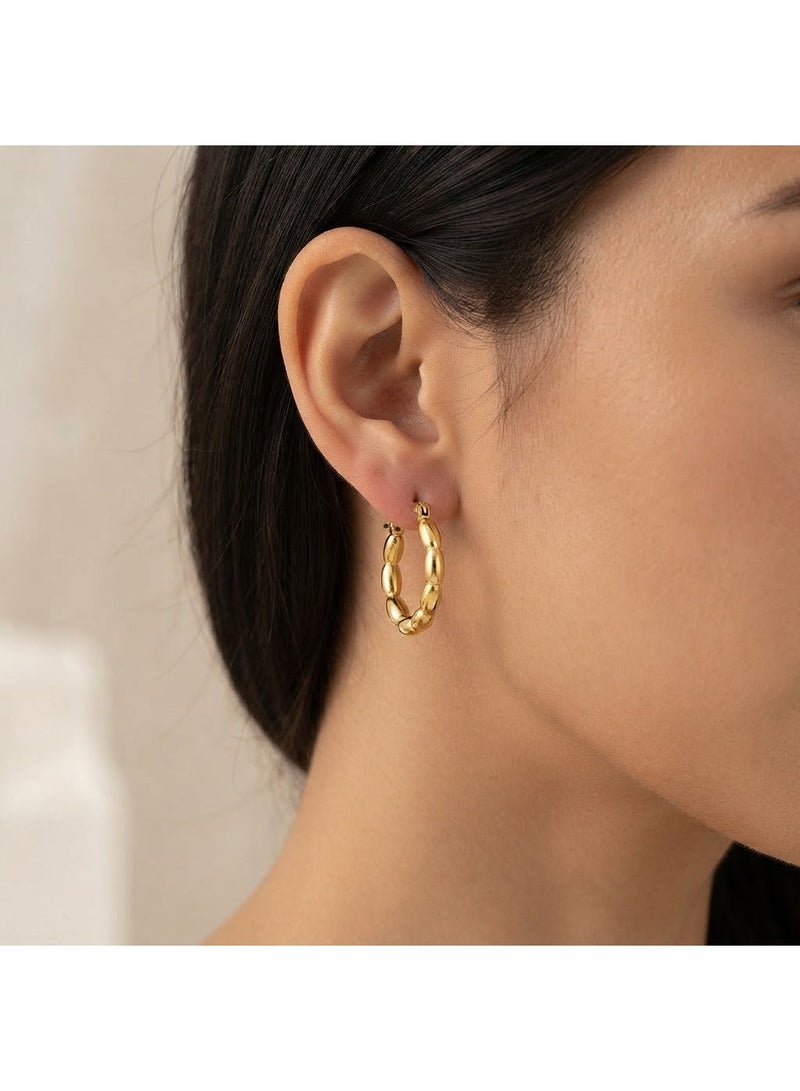 Luxuria Women's gold round earrings with an oval beaded design (Beaded Loop Hoops), which are elegant women's jewelry featuring loops made up of successive pieces resembling shiny, polished coffee beans. - Image 4