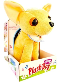 Cute stuffed dog interacts with kids, wagging his head and tail and making fun and cheerful sounds while walking, singing and dancing