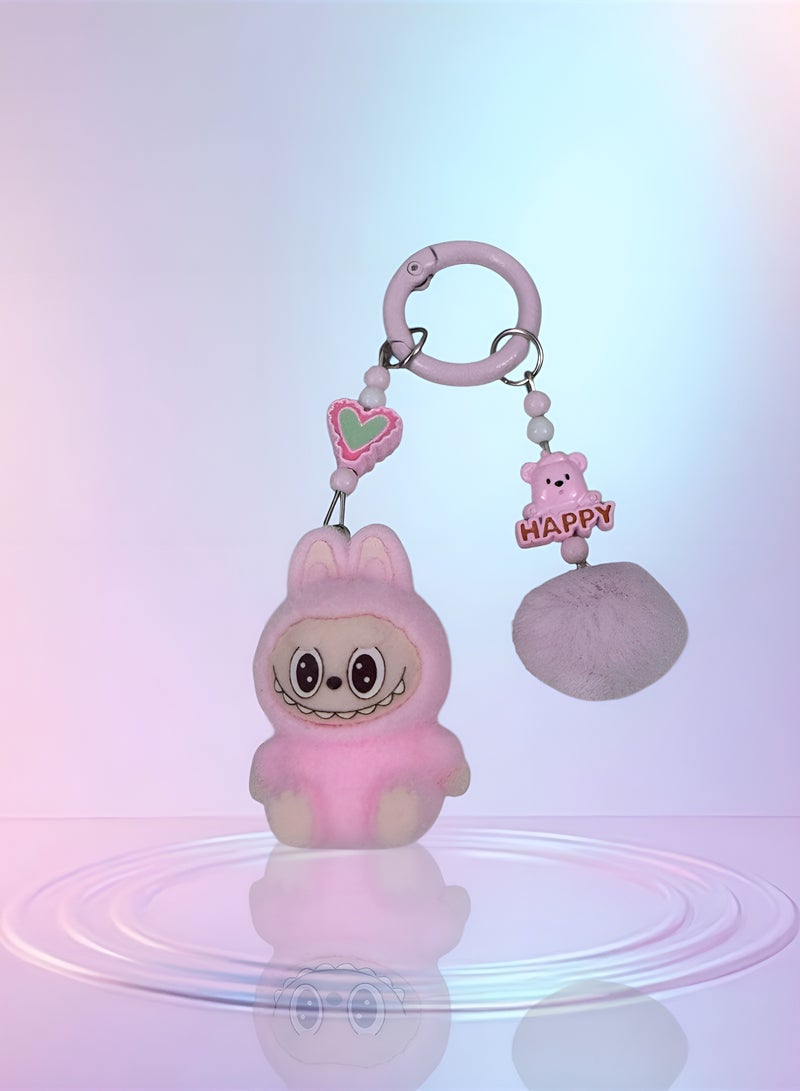DECOR SOUQ Labubu Keychain for Bags and Keys – Cute Pink Plush Labubu Doll – Kawaii Cartoon Key Holder for Girls, Teens & Women – Soft & Lightweight Bag Accessory – Labubu Keychain with Ring Clip for Backpack, Purse, Car Keys – Limited Stock  - Image 2