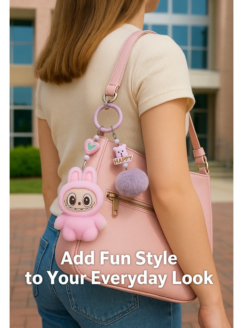 DECOR SOUQ Labubu Keychain for Bags and Keys – Cute Pink Plush Labubu Doll – Kawaii Cartoon Key Holder for Girls, Teens & Women – Soft & Lightweight Bag Accessory – Labubu Keychain with Ring Clip for Backpack, Purse, Car Keys – Limited Stock  - Image 4