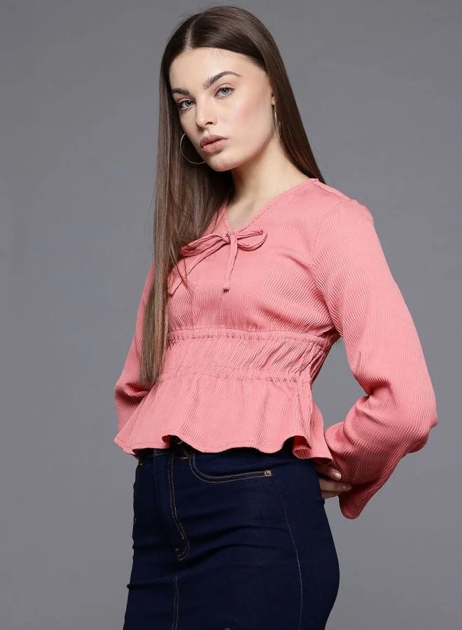 Women Regular Fit Textured V-Neck Long Sleeve Regular Top