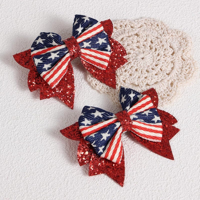 KCHIES 4th of July Bows Hair Clips 2pcs 3.5" Glitter Red White Blue Stars Stripes Patriotic Hair Bows for Teen Girls Women Independence Memorial Day Xmas Party Outfit Dress Decor Accessory Gift - Image 2
