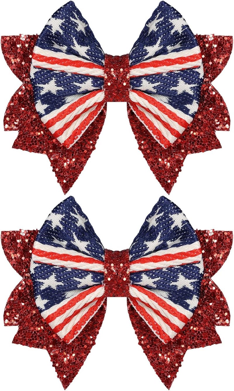 KCHIES 4th of July Bows Hair Clips 2pcs 3.5" Glitter Red White Blue Stars Stripes Patriotic Hair Bows for Teen Girls Women Independence Memorial Day Xmas Party Outfit Dress Decor Accessory Gift - Image 1