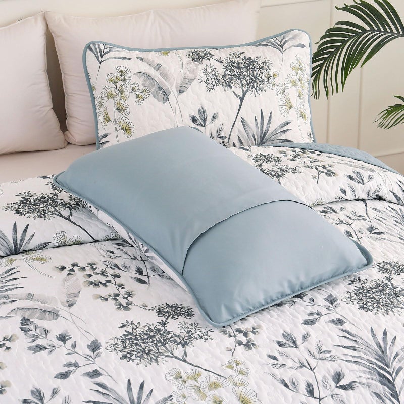 Anibedding Queen Size Quilt Sets Blue Floral Pattern Quilt Bedding Set, 3 Pieces Botanical Quilt Soft Microfiber Bed Coverlet for All Season(96" x 90) - Image 5