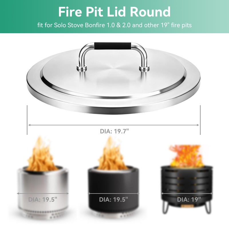 COGRICHBF Fire Pit Lid for Solo Stove Bonfire 19.5", 304 Stainless Steel Round Firepit Lid with Heat-Resistant Handle, Waterproof Outdoor Fire Pit Cover Top - Image 2