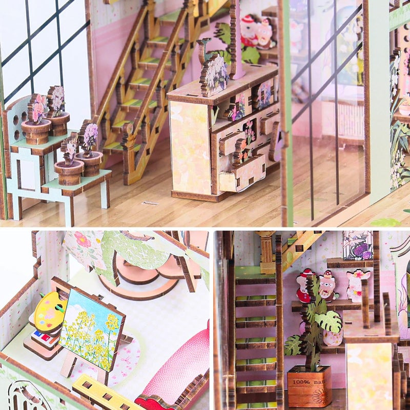 Insgen Miniature Flower House Kit, Dollhouse Booknook Making Kits with Furniture, Bookshelf Decor 3D Wooden Puzzle DIY Tiny Shop for Adults and Teenagers - Image 3
