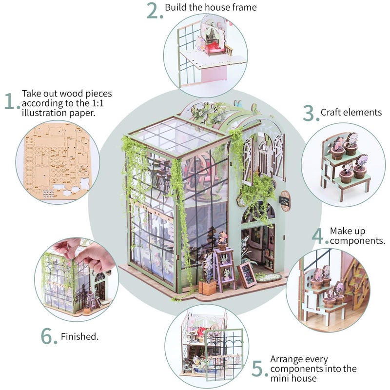 Insgen Miniature Flower House Kit, Dollhouse Booknook Making Kits with Furniture, Bookshelf Decor 3D Wooden Puzzle DIY Tiny Shop for Adults and Teenagers - Image 4