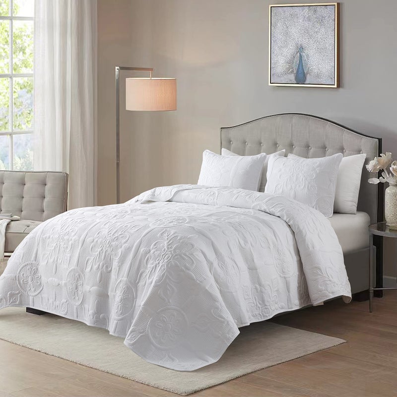 B2EVER White Damask Quilt Twin Size Bedding Sets with 1 Pillow Sham, Boho Bedspread Lightweight Soft Farmhouse Vintage Bohemian Coverlet Retro Jacquard Pattern Bed Cover for All Season, 2 Pieces - Image 2