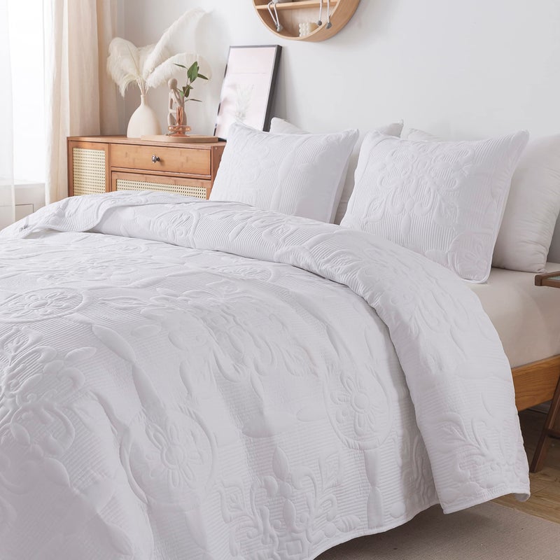 B2EVER White Damask Quilt Twin Size Bedding Sets with 1 Pillow Sham, Boho Bedspread Lightweight Soft Farmhouse Vintage Bohemian Coverlet Retro Jacquard Pattern Bed Cover for All Season, 2 Pieces - Image 4