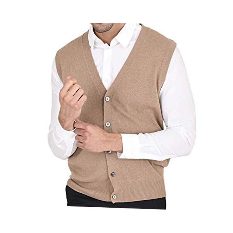 Malvina Men's Front Open Buttoned Sleeveless Woollen Cardigan with Pockets (Creamy, Meidum) - Image 5