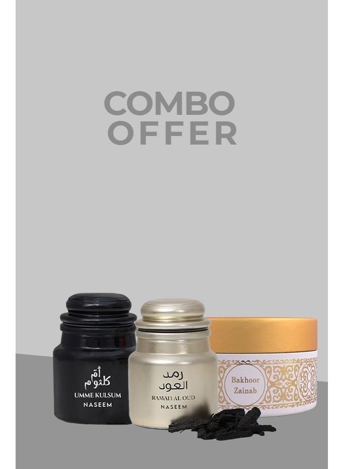 SPECIAL BAKHOOR COMBO RAMAD AL OUD 40GM, UMME KULSUM 40GM, ZAINAB 20GM  PACK OF 3 FRAGNANCE FOR HOME