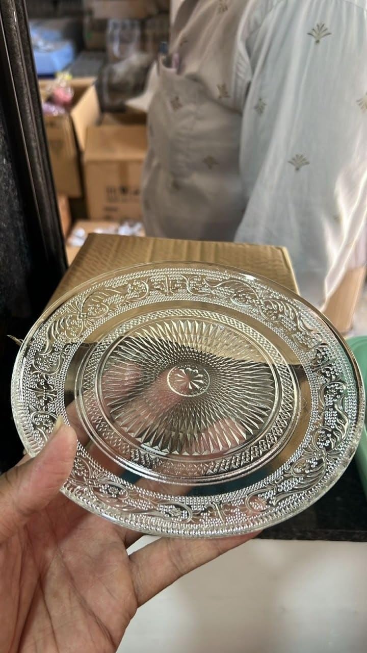 DS ENTERPRISE Glass Dinner Plate, 7 Inch Large, Serving Plate Salad Fruit Pasta Snacks Tray Crystal Decoration, Vintage Embossed Dinnerware for Catering Event, Parties, Home B'day Wedding (Set of 4 -Transparent) - Image 5