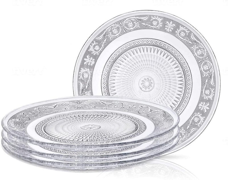 DS ENTERPRISE Glass Dinner Plate, 7 Inch Large, Serving Plate Salad Fruit Pasta Snacks Tray Crystal Decoration, Vintage Embossed Dinnerware for Catering Event, Parties, Home B'day Wedding (Set of 4 -Transparent) - Image 4
