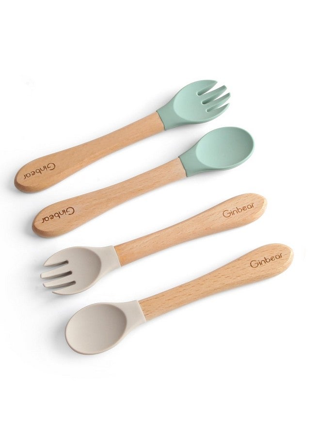 Ginbear Silicone Baby Spoons and Forks Self-feeding 12-18 Months, Soft-Tip Baby Flatware Sets, Toddler Feeding Utensils for Child, 4 Piece Set (Hazy Green/Almond) - Image 1