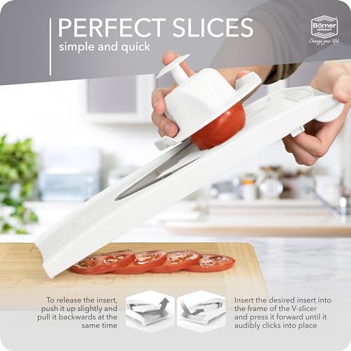 Börner Mandoline Slicer V1 (Professional Set) • V-Slicer with 4 Inserts, Fruit Holder, Docking Station, Box • Adjustable Vegetable Slicer • Cuts into Slices, Strips & Dices • Color: White - Image 5
