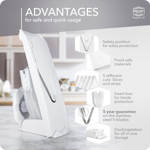 Börner Mandoline Slicer V1 (Professional Set) • V-Slicer with 4 Inserts, Fruit Holder, Docking Station, Box • Adjustable Vegetable Slicer • Cuts into Slices, Strips & Dices • Color: White - Image 4