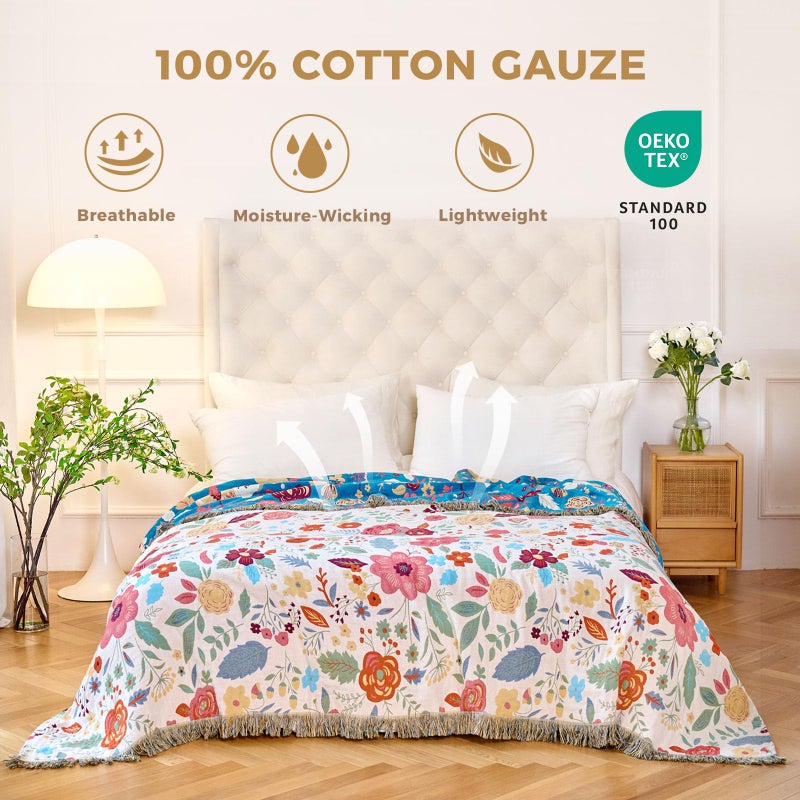 LUTBM Boho Throw Blanket for Bed Cotton Spring Blankets Twin Size for Bedroom Living Room All Season Lightweight Floral Embroidery Quilt for Couch Sofa Chair 60"x80" - Image 2