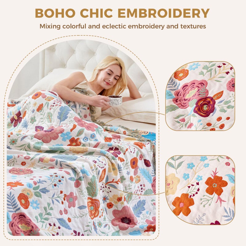 LUTBM Boho Throw Blanket for Bed Cotton Spring Blankets Twin Size for Bedroom Living Room All Season Lightweight Floral Embroidery Quilt for Couch Sofa Chair 60"x80" - Image 3