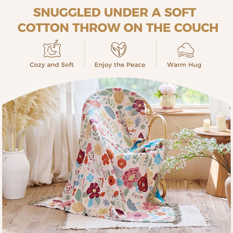 LUTBM Boho Throw Blanket for Bed Cotton Spring Blankets Twin Size for Bedroom Living Room All Season Lightweight Floral Embroidery Quilt for Couch Sofa Chair 60"x80" - Image 4