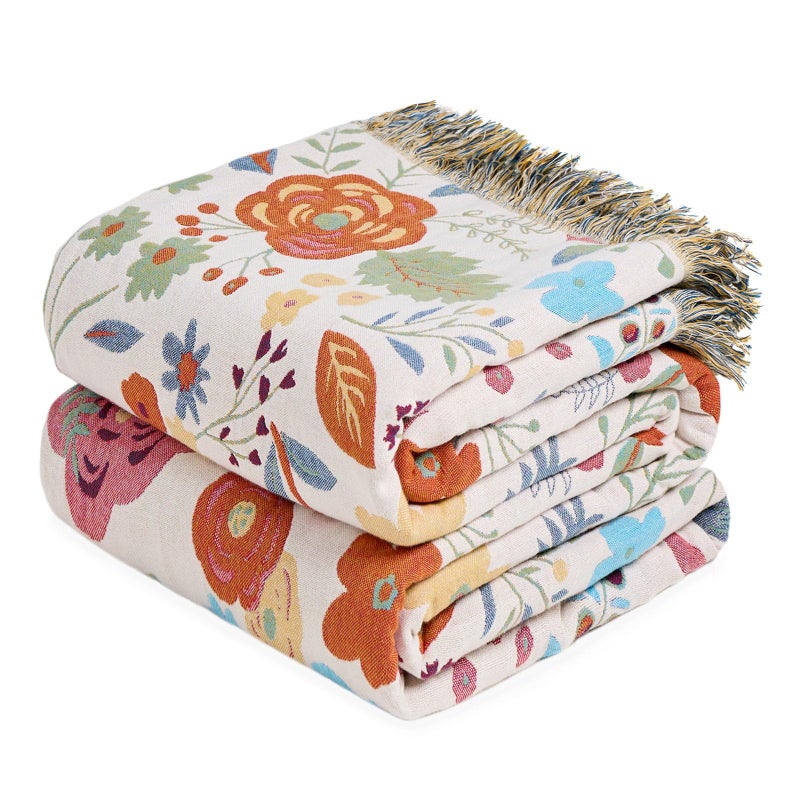 LUTBM Boho Throw Blanket for Bed Cotton Spring Blankets Twin Size for Bedroom Living Room All Season Lightweight Floral Embroidery Quilt for Couch Sofa Chair 60"x80" - Image 1